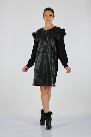 Unique Mode Minimalist Uzun Kol Midi Deri Elbise - Günlük Şıklık Siyah