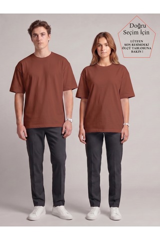 Smalltouch Unisex Oversize Yumuşak Dokulu Basic Bisiklet Yaka Tişört Kahverengi