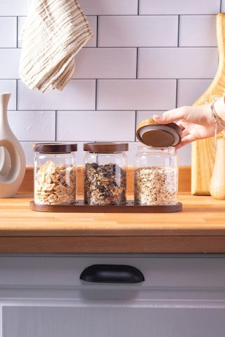 Finehome Pienza Akasya Kapaklı Cam Saklama Kabı Seti 3'Lü 550 ML Şeffaf