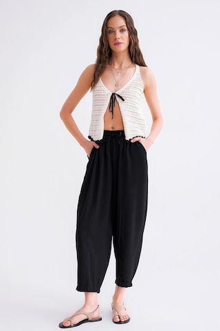 4307 Kadın Beli Lastikli Parçalı Şalvar Pantolon Siyah Siyah