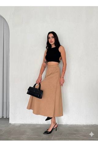 Ozy Fashion Kadın Süet Kloş Etek Açık Kahverengi
