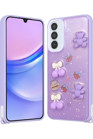 Zore Galaxy Uyumlu A05s Kılıf Parlayan Simli Kabartma Figürlü Cevze Kapak - Mor Ayı Mor Ayı