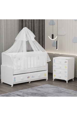 Elegant Mdf Çıtalı Beşik + Şifonyer Yatak Uykuseti - Uykucu Beyaz