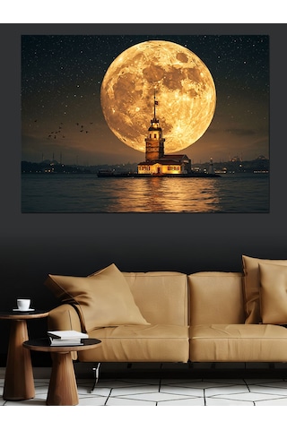 Dolunayda Kız Kulesi Manzarası Dekoratif Kanvas - Mdf Ahşap Tablo