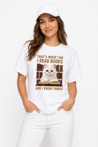 Bayloranzzo The Reader Cat %100 Pamuk Heavy Cotton Premium Kalite Kadın Tişört Beyaz
