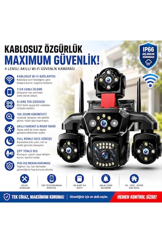 Radem Rd-110 4 Lens Akıllı Wi-fi Ptz Güvenlik Kamerası 10x Zoom Çift Yönlü Ses Full Renkli Gece Görüşü Ip66 Hareket Takibi
