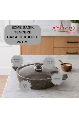 20 Cm Gold Stone Ezme Seri Granit Basık Tencere, Non-stick Pilav Karnıyarık Tencere 1,7 Lt Bakalit Kulplu 26 Cm