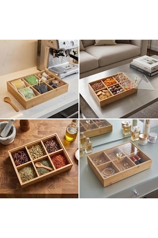 Bambu Organizer Kutu, 6 Bölmeli, Şeffaf Kapaklı, Kristal Kulplu, 30x20x6 Cm, Çay Ve Baharat Düzenleyici, Takı Düzenleyici Açık Ahşap