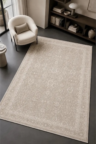Zes Collection Modern Vintage Desenli Eskitme Dokuma Yumuşak Salon Halısı Bej - Krem