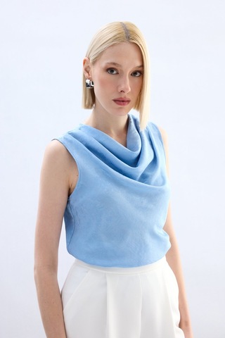Sateen Degaje Yaka Bluz - Bebe Mavi-136754 Bebe Mavi