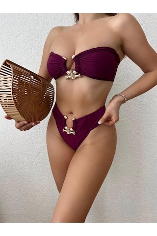 Pink Life Mürdüm Tokalı İtalyan Kumaş Bikini Takımı-mürdüm