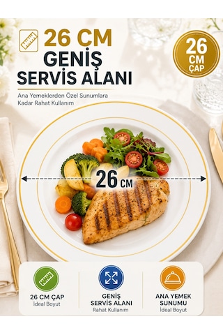 6'lı Altın Yaldızlı Plastik Tabak 26 Cm Porselen Görünümlü Kullan At Parti Davet Servis Tabağı