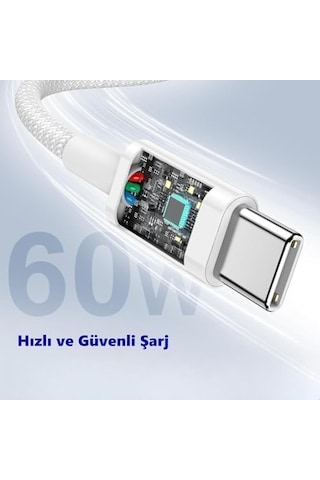 60w Type-c To Type-c Örgülü Data Ve Şarj Kablosu 1m Beyaz K2795 Görünümlü
