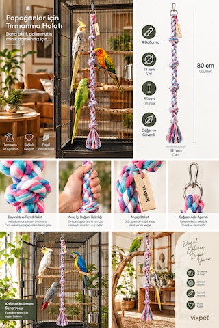 Vixpet Papağan Tırmanma Halatı Çok Renkli 80 Cm Çap 18 Mm L Kafes Oyuncağı Stres Ipi Pamuk Halat Sultan, Konur, Monk, Lori, Forpus