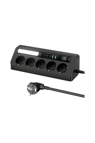 5 Li Akım Korumalı Priz 2500w 2 Usb + 2 Type-c Hızlı Şarj Led Gece Lambalı Dokunmatik Siyah 0