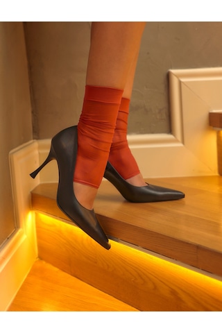 %100 Hakiki Deri Siyah Kadın Stiletto Siyah