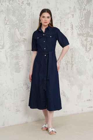 Livanomi Kemerli Denim Elbise Mavi