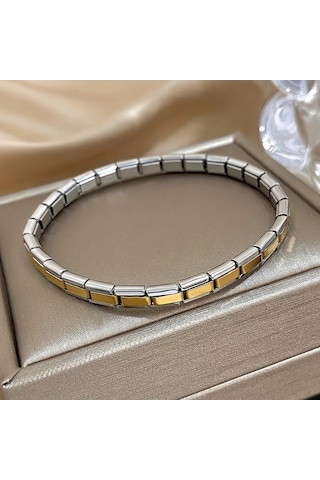 Çelik Bileklik İnce İtalyan Charm Model Unisex Erkek Kadın 3 Mm 18 Cm Ortası Altın Sarısı Kenarı Gümüş Altın - Gümüş