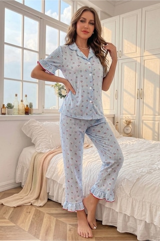 Bella Notte Mavi Soft Kiraz Desenli Kısa Kollu Yazlık Pijama Takımı