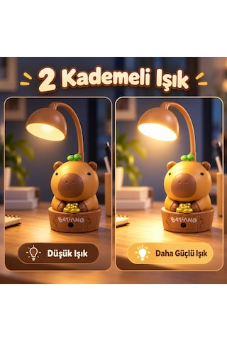 Kapibara Kalemtraşlı Şarjlı Led Masa Lambası, 2 Farklı Işık Modlu, 250 Mah Bataryalı, Esnek Boyunlu, Gizli Kalemtraşlı, Çocuk Odası Ve Masaüstü İçin Dekoratif Gece Lambası, Kml94 Kahverengi