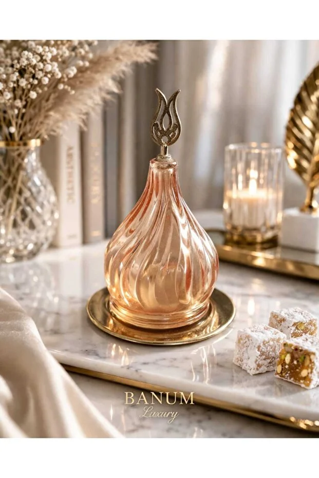Banum Luxury Lüx Tasarım El İşi Pirinç Tabak Ve Cam Kapak Mini Lokumluk Sarı