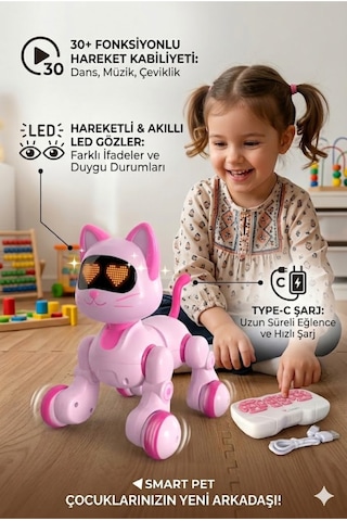 Ucuzuna Bak Oyuncak Hareketli Uzaktan Kumandalı 30 Fonksiyonlu Akıllı Robot Kedi Köpek Led Gözlü Kafa Sensörlü