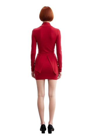 Ersefa Kadın Kışlık Kırmızı Uzun Kollu Bodycon Mini Elbise Dik Yaka Tasa