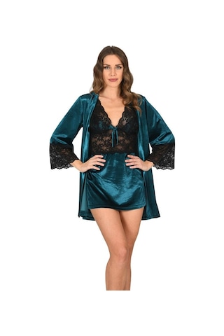 Sistina Bayan Petrol Yeşili Kadife Sabahlık Gecelik Takım 1443 Petrol Yeşili