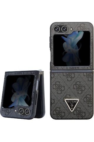 Galaxy Z Flip 5 Uyumlu Kılıf Guess Lisanslı Pu Deri Taşlı Üçgen Logo 4g Desenli Strass Siyah
