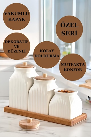 4'lü Standlı Vakumlu Ahşap Kapaklı Beyaz Kavanoz Seti Takımı Baharat Çay Tuz Şeker Kahve Kavanozu Beyaz - Kahverengi
