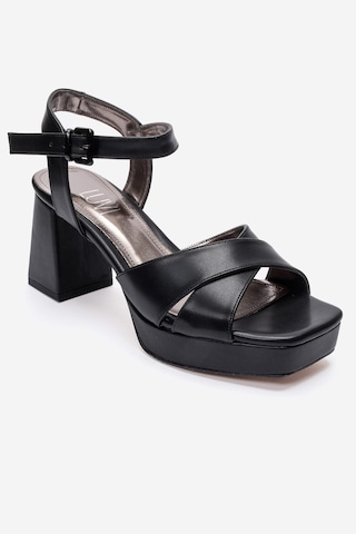 Luvishoes Lisbon Siyah Cilt Çapraz Bantlı Kadın Platform Topuklu Ayakkabı