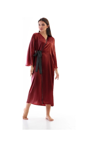 Laperissa Kadın Bordo Saten Dokuma Sabahlık Siyah Kuşaklı Şık Ve Zarif Ev Giyim Bordo