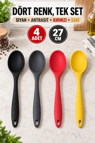 4'lü Set Siyah Antrasit Kırmızı Sarı, Büyük Boy Silikon Kaşık 27 Cm, Yemek Pişirme Ve Servis Kaşığı.