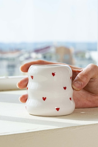 Rivaistanbul Mini Kalpler Amore El Yapımı Seramik Double Kahve Bardağı Mug Kupa Krem