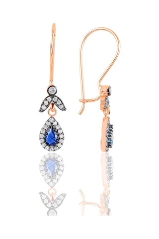 925 Ayar Gümüş Küpe Rose Gold Kaplama Elmas Montürlü Işıltılı Damla Kesim Safir Zirkon Taşlı Küpe Barcode Rose