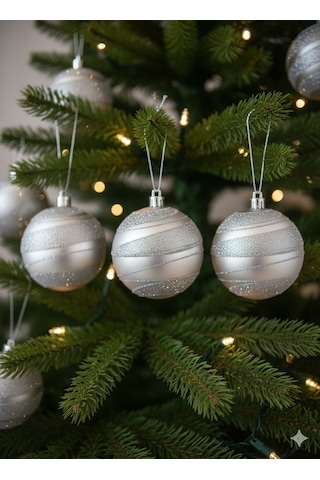 3 Adet Yılbaşı Ağacı Top Süsü 8 Cm - Simli Şeritli Gümüş Parlak Kaliteli Yılbaşı Dekorasyonu Seti Pvc Kutulu Set