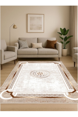 Krem Dijital Baskı Salon Halısı Kaymaz Tabanlı Yıkanabilir Halı Yolluk 535 Krem