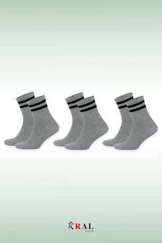 Kral Socks Erkek Kadın 3 Çift Çizgili Kolej Tenis Çorabı Pamuklu Terletmez Çorap Gri