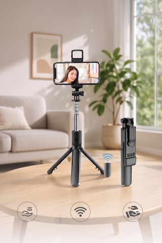 Tripod Çok Amaçlı Kumandalı Kablosuz Selfie Çubuğu Siyah