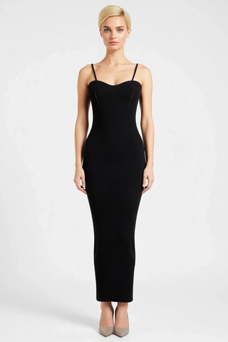 Benerly Kadın Boy Bodycon Elbise V Yaka İnce Askılı Kolsuz Ribana Örgü Tr Siyah