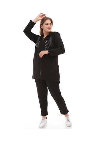 Büyük Beden Siyah Kapşonlu Pul Payetli Eşofman Takımı Siyah