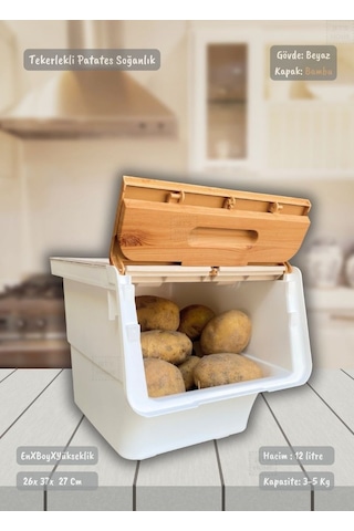 Tekli Bambu-beyaz Tekerlekli Patateslik Soğanlık Oyuncak Kutusu Patates Soğan Sepeti Sebzelik 12 Lt Bambu-beyaz