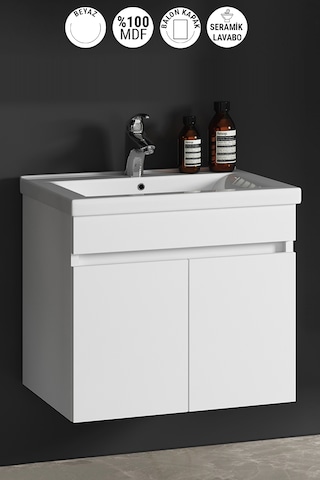 Çiğdem 55 Cm Beyaz Balon Mdf Seramik Lavabolu Asma Banyo Alt Dolabı Beyaz