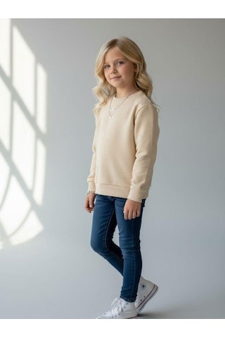 Kız Çocuk Pamuklu Taşlı Sweatshirt-16747 KREM