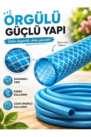 Beylini 1/2" 25 Metre Örgülü Bahçe Hortumu Balkon Bahçe Sulama Temizlik Araç Su Hortumu Dolanmaz Kırılmaz Mavi