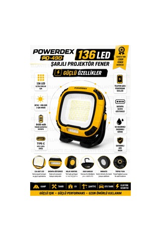 136 Led Şarjlı Projektör Fener 6400 Mah Type-c Usb Powerbank Özellikli Su Geçirmez Mıknatıslı Kamp Ş Çok Renkli