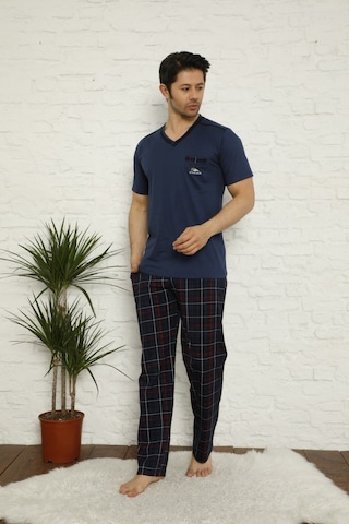 Alimer Erkek V Yaka Ekose Desen %100 Pamuk Kısa Kol Cepli Pijama Takımı İndigo