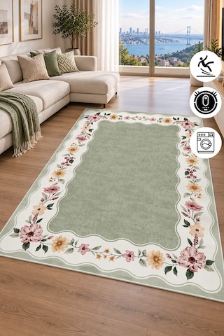 Floral Çerçeve Desenli Baskılı Kaymaz Yıkanabilir Salon Oturma Odası Mutfak Balkon Halısı Yolluk Yeşil