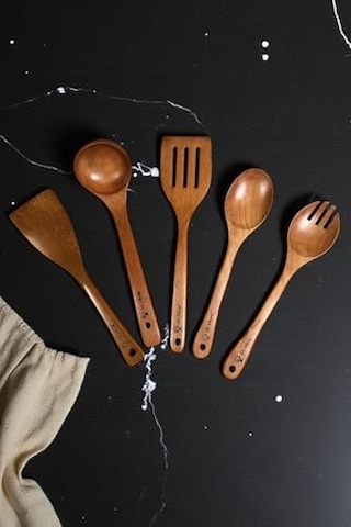 5 Parça ' Pro ' Bambu Teak Ağacı Ahşap Kaşık Tahta Kaşık Mutfak Seti Temizlemesi Kolay Mat Parlak Yüzey