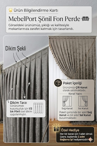Şönil Fon Perde Çift Kanat 1/3 Sıklık Püsküllü Antrasit
